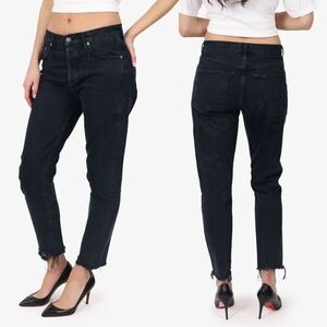 AGOLDE Premium High Rise Skinny Jeans Black Distressed Hem Button Fly Size 24